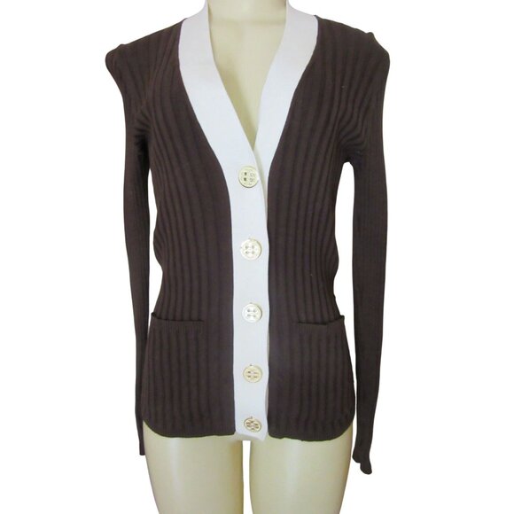 Tory Burch Ribbed Cotton Brown & Cream Button Down Cardigan S - Picture 4 of 7